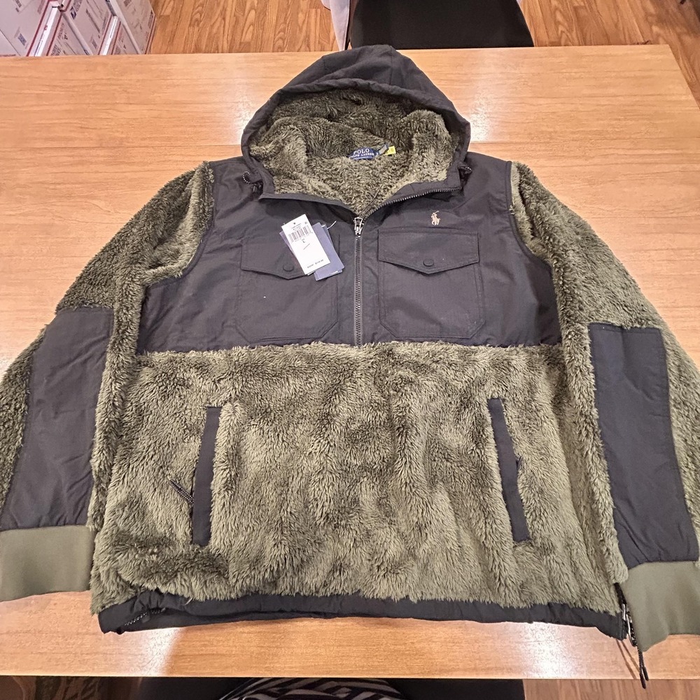 Polo Ralph Lauren Jacket Mens Large Green Sherpa Fleece Hooded 1/2 Zip Outdoor